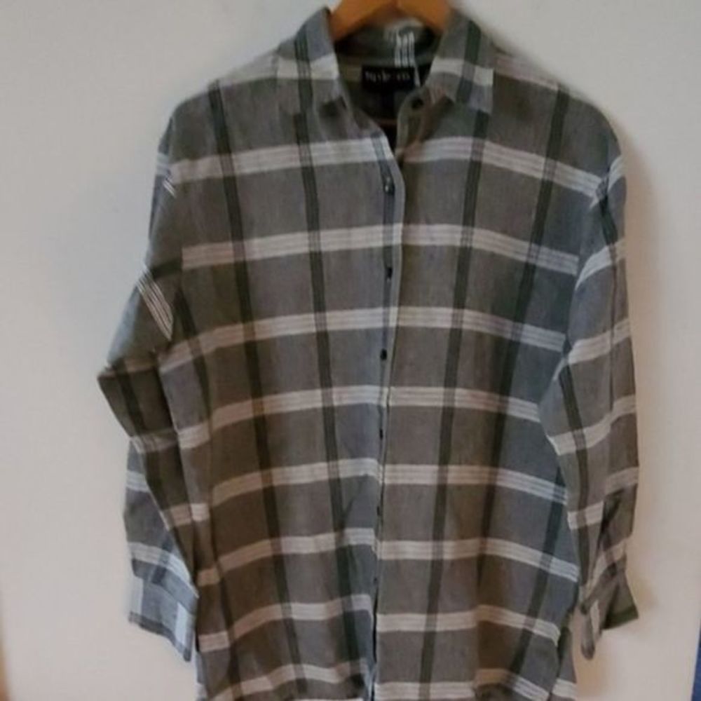 Style & Co. Plaid Linen Button Down Shirt Gray White S
